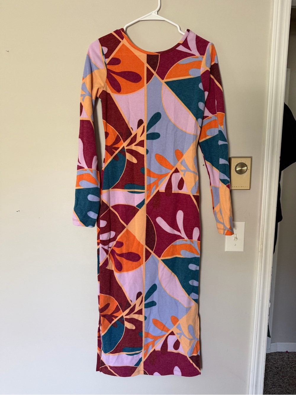 Long Sleeve Abstract Print Midi Dress - Multicolor